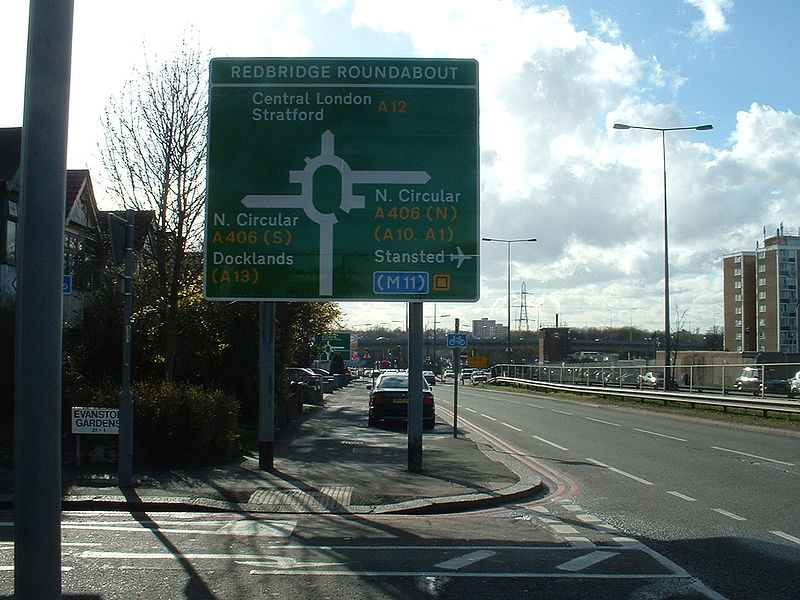 File:A12 Eastern Avenue (Redbridge) sign on approach to Redbridge Roundabout westbound - Coppermine - 5289.jpg