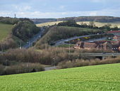 Amersham Hospital and the A413 cutting and flyover.jpg
