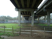 A34 Wolvercote Viaduct underneath looking south with main Oxford railway line. - Coppermine - 16236.jpg
