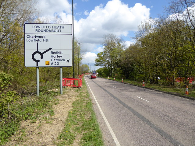 File:The A23 approaches the Lowfield Heath roundabout from the south - Geograph - 4925088.jpg