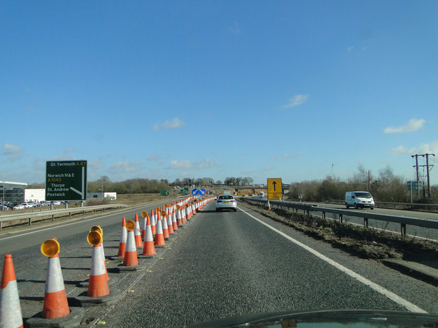 File:A47 approaching the park and ride interchange and roadworks - Geograph - 4364132.jpg