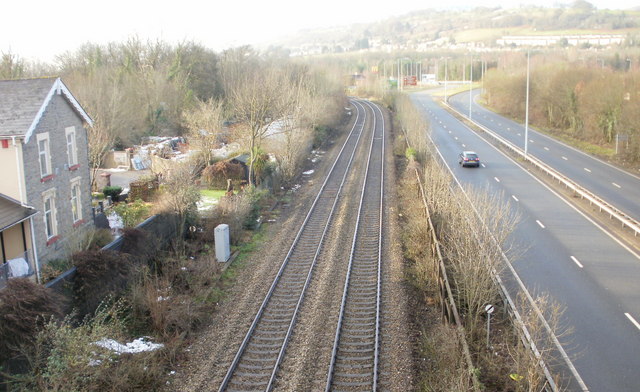 File:Road and rail heading southwest from The Highway, New Inn - Geograph - 1666522.jpg