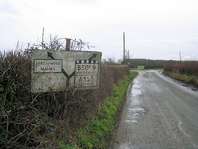 File:Pre-Worboys road sign near Worthenbury - Geograph - 1129019.jpg