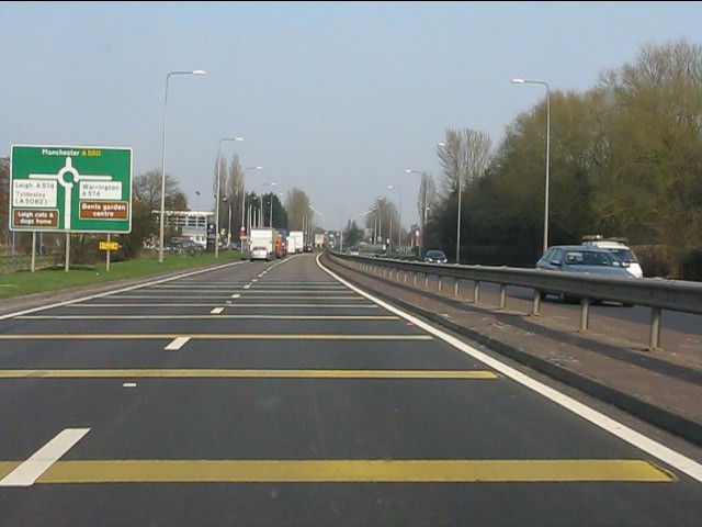 File:A580 approaching the Greyhound... (C) Peter Whatley - Geograph - 2363552.jpg