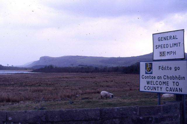 File:Irish-UK border at Belcoo, Co Fermanagh and Black Lion, Co. Cavan. 55 mph Speed limit sign, Feb 1988 - Flickr - 4206304923.jpg