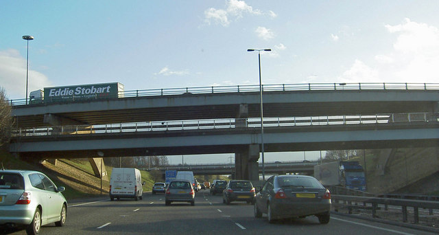 File:Stopped on the M1 Lofthouse interchange the bridges carry the M62 - Geograph - 722126.jpg