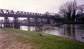 Barge under Walton Bridge in 1991 - Geograph - 376609.jpg