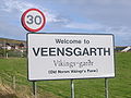 Old Norse on a village entry sign in the Shetland Islands.