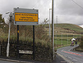 Snow road sign at Grains Bar - Geograph - 1555360.jpg