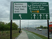 A13 Beckton junction approach sign westbound - Coppermine - 2401.JPG
