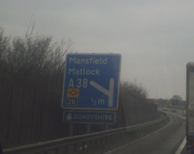 File:Unuasual looking derbyshire sign at M1 J28 northbound - Coppermine - 17040.jpg