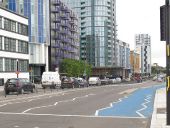 Segregated cycle lane, Stratford High Street - Geograph - 4564885.jpg
